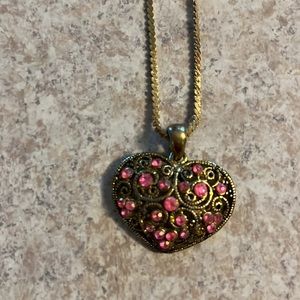 Pink stone heart necklace. Gold tone